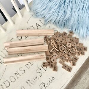 Scrabble Tiles, Wooden‎ Vintage 1989 Tiles, And 4 Wood Tile Holders